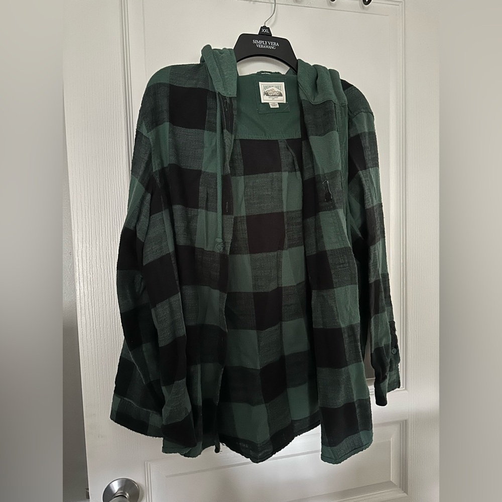 Green/Black American Eagle Plaid Button Up with Hood